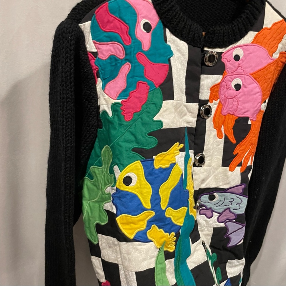 Fab fish quilted front sweater chunky button hand made oversized cardigan - Picture 6 of 12